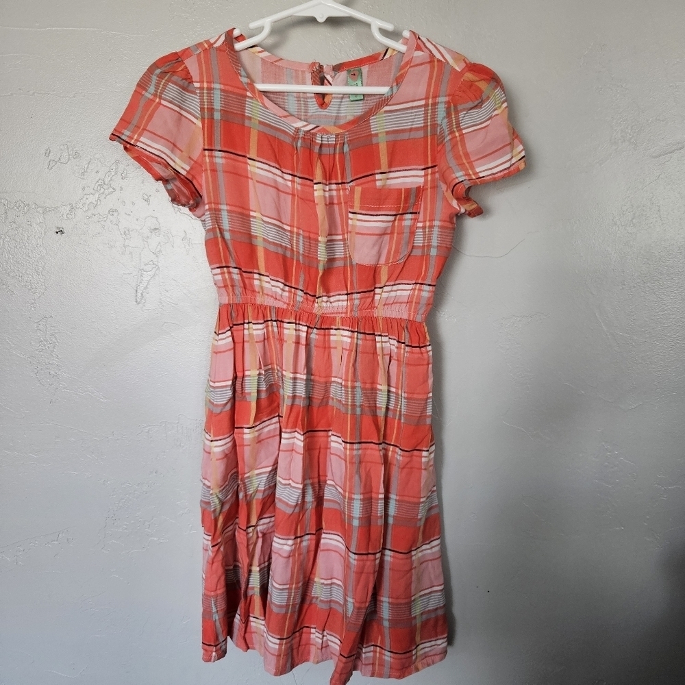 Mikarose Girls 7 Coral Pink Plaid Puff Sleeve Dress Crew Neck Knee Length Summer